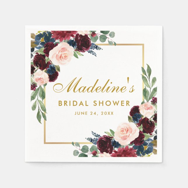 Bridal Shower Burgundy Blue Floral Gold White Napkin (Front)