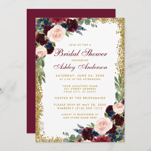 Bridal Shower Burgundy Blue Gold Glitter Invite (Front/Back)