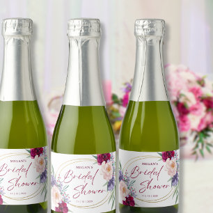 Bridal Shower Burgundy & Blush Bloom Mini Bottle  Sparkling Wine Label