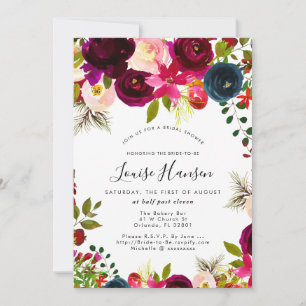Bridal Shower, Burgundy, Blush+Navy Watercolor Announcement