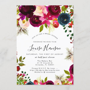 Bridal Shower, Burgundy, Blush+Navy Watercolor Invitation