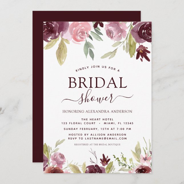 Bridal Shower Burgundy Elegant Spring Floral Invitation (Front/Back)
