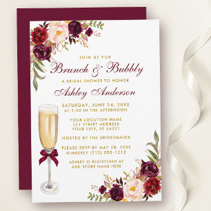 Bridal Shower Burgundy Floral Brunch Bubbly Gold Invitation