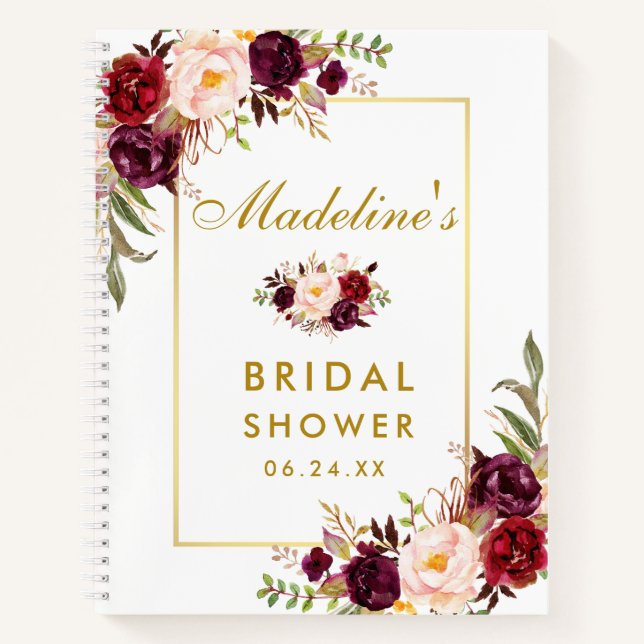 Bridal Shower Burgundy Floral Gold Gift List Notebook (Front)