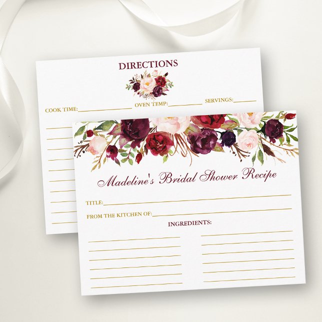 Bridal Shower Burgundy Floral Gold Recipe Card (Customize to change text color, size or text style.)