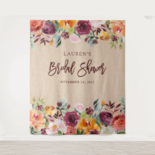 Bridal Shower Burgundy Floral Photo Backdrop Tapestry