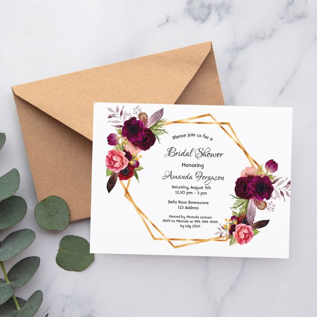 Bridal shower burgundy floral rose gold invitation postcard (Creator Uploaded)