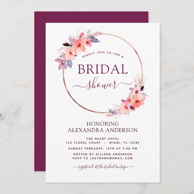 Bridal Shower Burgundy Geometric Spring Floral Invitation (Front/Back)