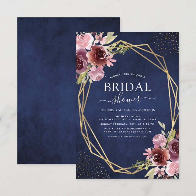 Bridal Shower Burgundy Navy Blue Geometric Floral Invitation (Front/Back)