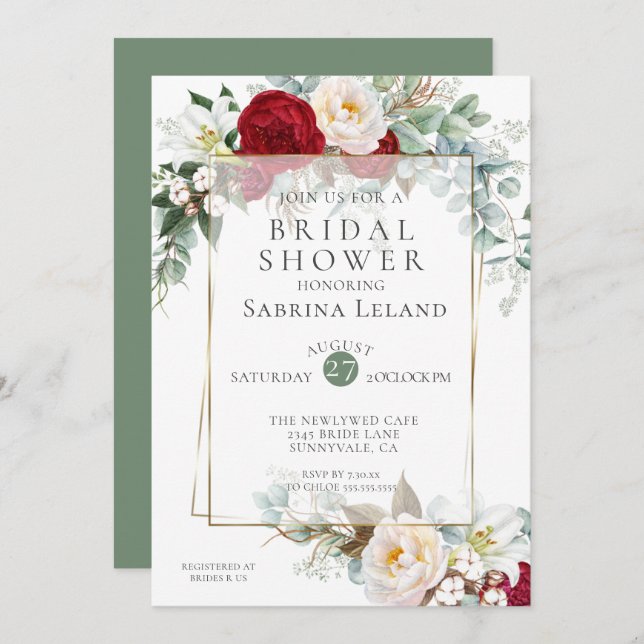 Bridal Shower | Burgundy Peony Floral Frame Invitation (Front/Back)