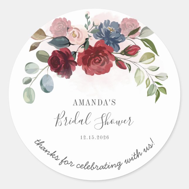 Bridal Shower Burgundy Rustic Floral Script Classic Round Sticker (Front)