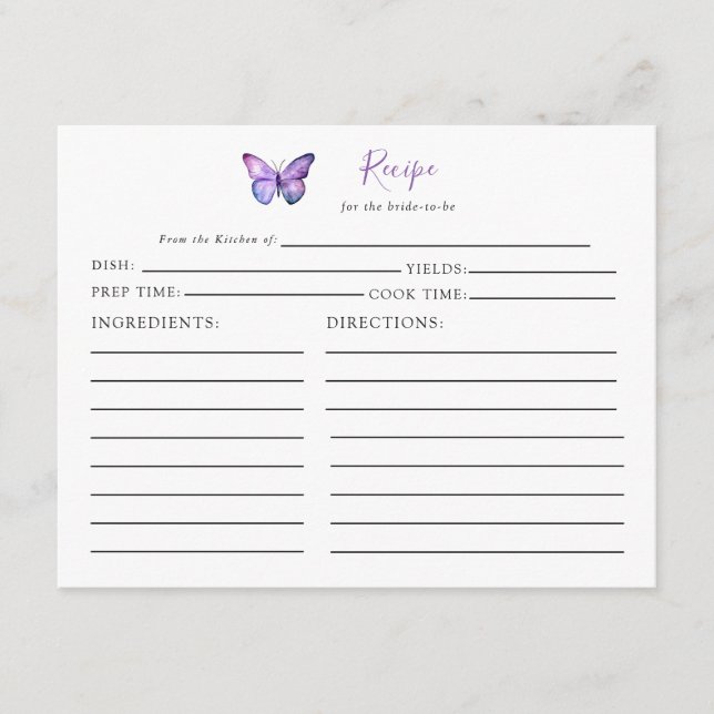 Bridal Shower Butterfly Recipe Card Purple Script (Front)