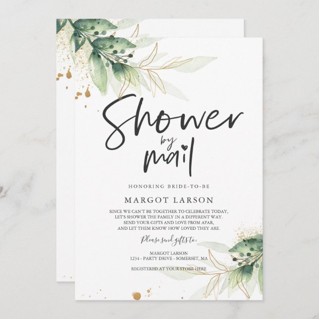 Bridal Shower By Mail Invitation Greenery Gold (Front/Back)
