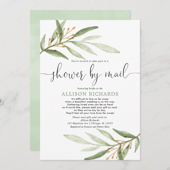 Bridal shower by mail simple greenery gold elegant invitation (Front/Back)