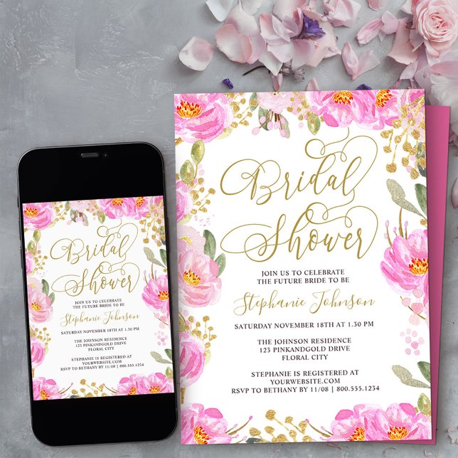 Bridal Shower Calligraphy Pink and Gold Floral Invitation (Bridal Shower invitation from my Pink and Gold Watercolor Floral Collection
)