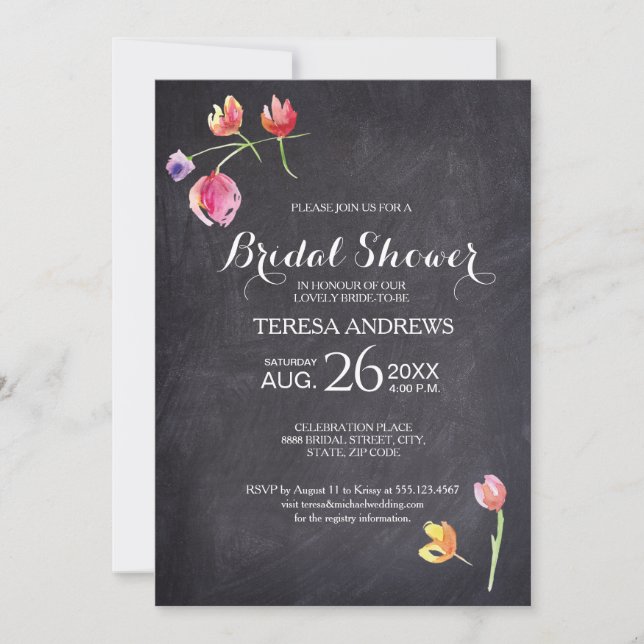 Bridal Shower, Chalkboard, Waterpaint Flower Invitation (Front)