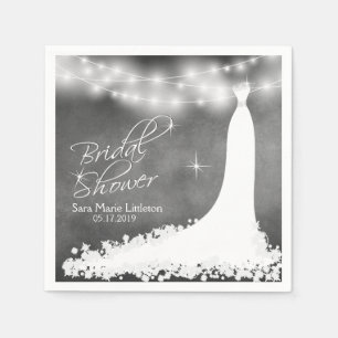 Bridal Shower Chalkboard with String Lights & Gown Napkin