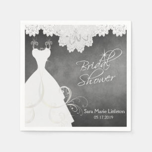 Bridal Shower Chalkboard with White Lace & Gown Napkin