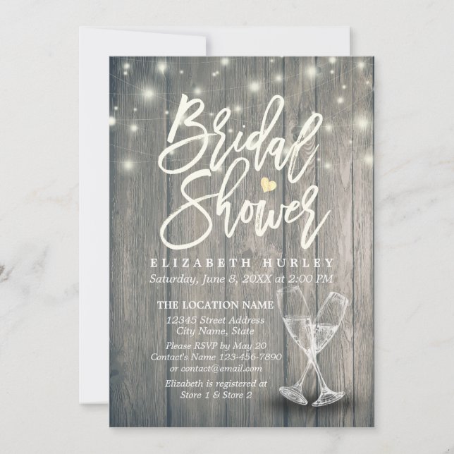 Bridal Shower Champagne Glasses Wood String Lights Invitation (Front)