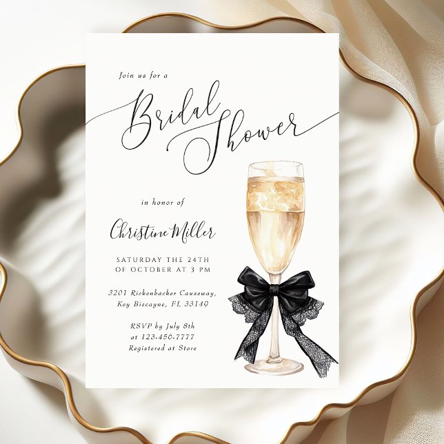Bridal Shower Champagne Invitation with Black Bow  (Creator Uploaded)