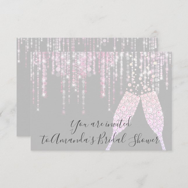 Bridal Shower Champaigne Glass Bubbles Grey Pink Invitation (Front/Back)
