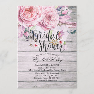 Bridal Shower Chic Boho Floral Feather Rustic Wood Invitation