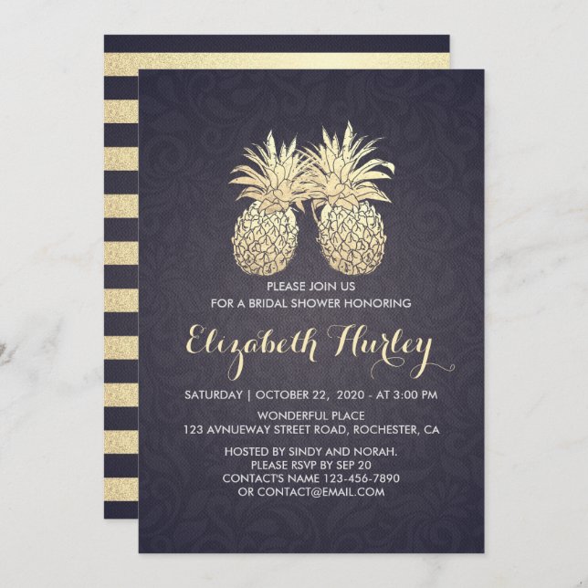Bridal Shower Chic Gold Pineapple Couple Navy Blue Invitation (Front/Back)