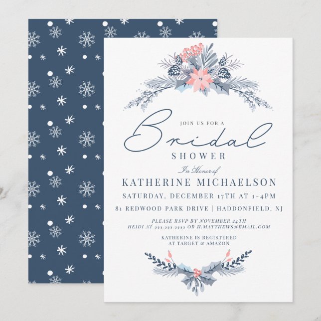 BRIDAL SHOWER | Christmas Pastel Poinsettia Floral Invitation (Front/Back)