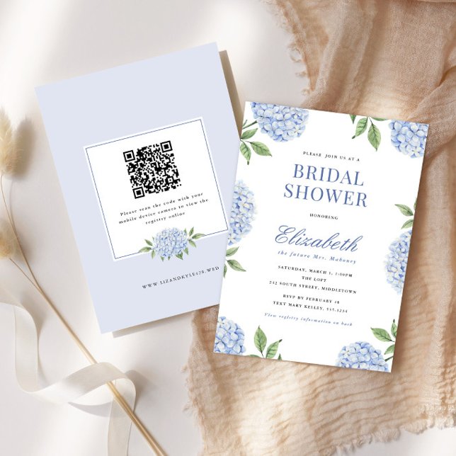 Bridal Shower Classic Blue Hydrangea, QR Code Invitation (Creator Uploaded)