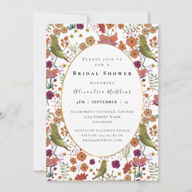Bridal shower colourful flowers birds decorative invitation (Front)