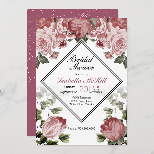 Bridal Shower - Dark Pink Floral Invitation (Front/Back)