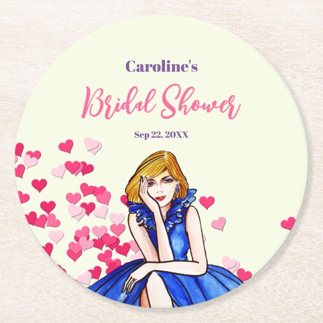 Bridal Shower Dark Royal Blue Cocktail Gown  Round Paper Coaster (Front)