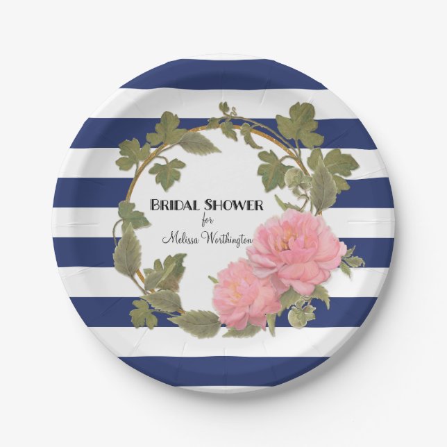 Bridal Shower Decor Gold Wide Striped Peony Wreath Paper Plate (Front)