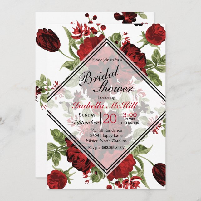 Bridal Shower - Deep Red Roses Invitation (Front/Back)