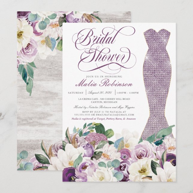 Bridal Shower Dress Glam Gown Botanical Lavender  Invitation (Front/Back)