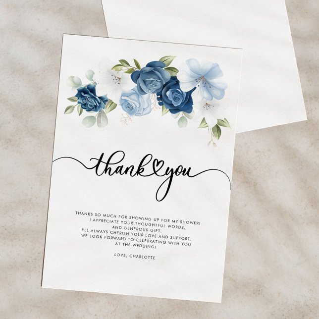 Bridal Shower Dusty Blue Floral Thank You Card (Dusty Blue Floral Script Bridal Shower Thank You Card)