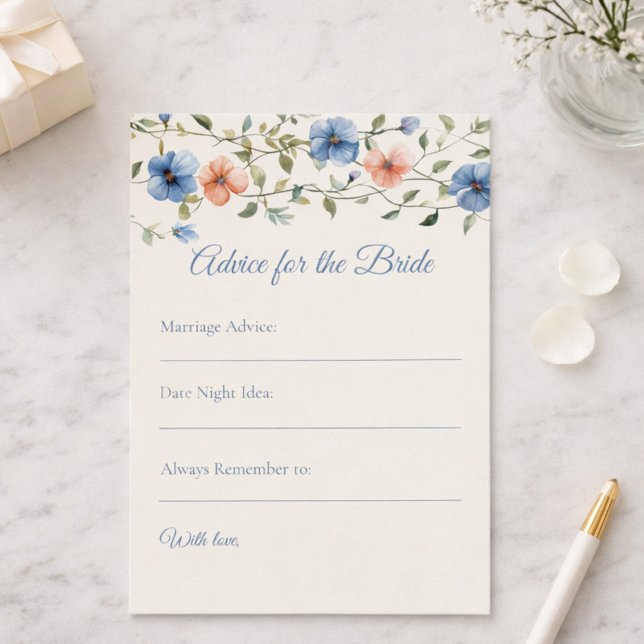 Bridal Shower Dusty Blue Floral Watercolor Advice Card (Creator Uploaded)