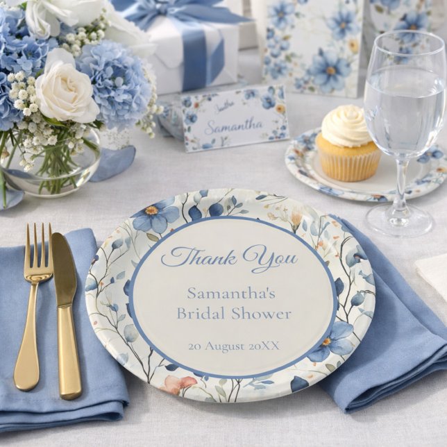 Bridal Shower Dusty Blue Floral Watercolor Paper Plate (Creator Uploaded)