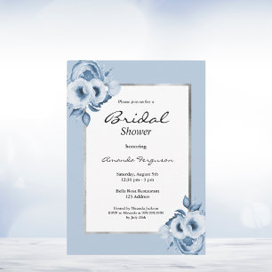 Bridal shower dusty blue florals silver invitation
