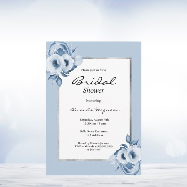 Bridal shower dusty blue florals silver invitation (Creator Uploaded)