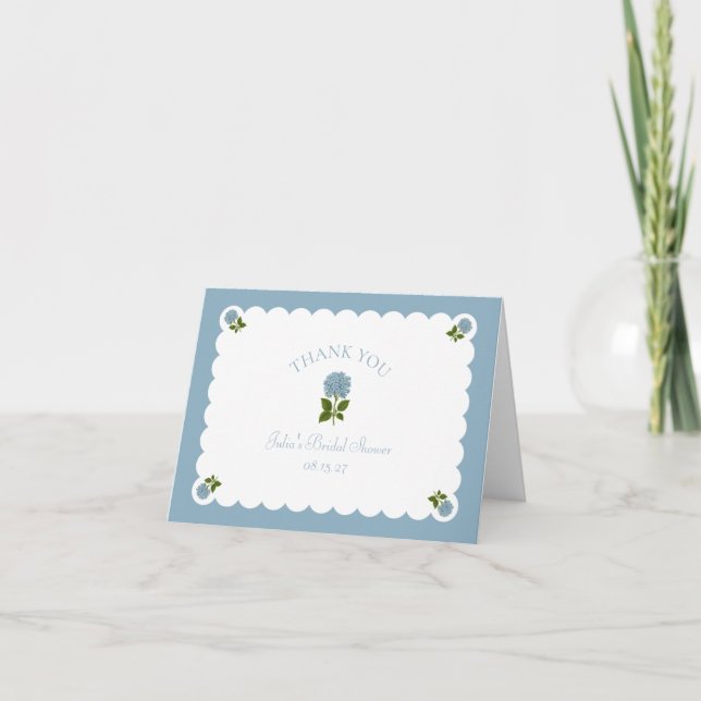 Bridal Shower Dusty Blue Hydrangea Chic Scalloped  Thank You Card (Front)