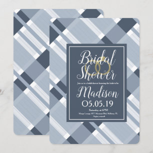 Bridal Shower Dusty Blue Navy Plaid Foil Rings Invitation