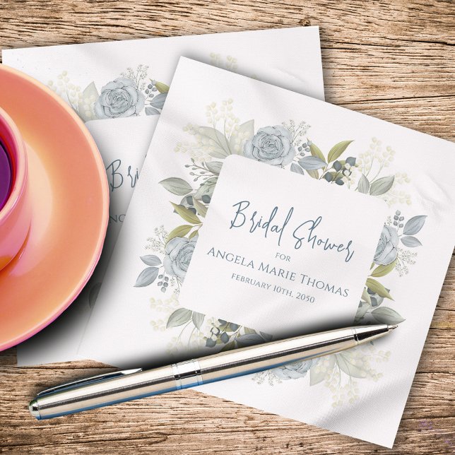 Bridal Shower Elegant Calligraphy Blue Floral Napkin (Blue floral Bridal Shower Napkins with stylish calligraphy script. )