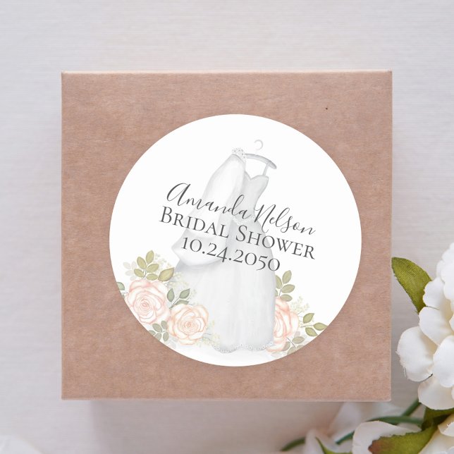 Bridal Shower Elegant Floral Wedding Gown Chic Classic Round Sticker (Creator Uploaded)