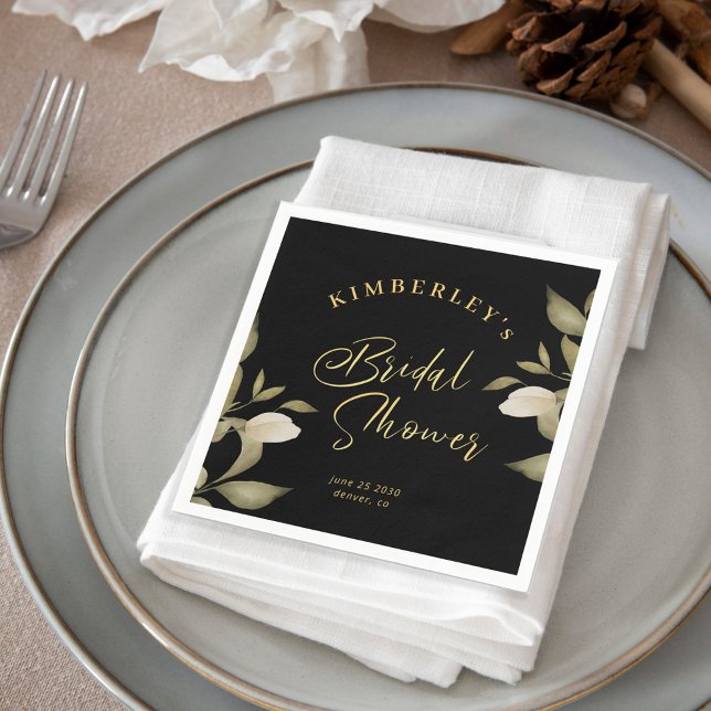 Bridal shower elegant gold black floral napkin (Creator Uploaded)