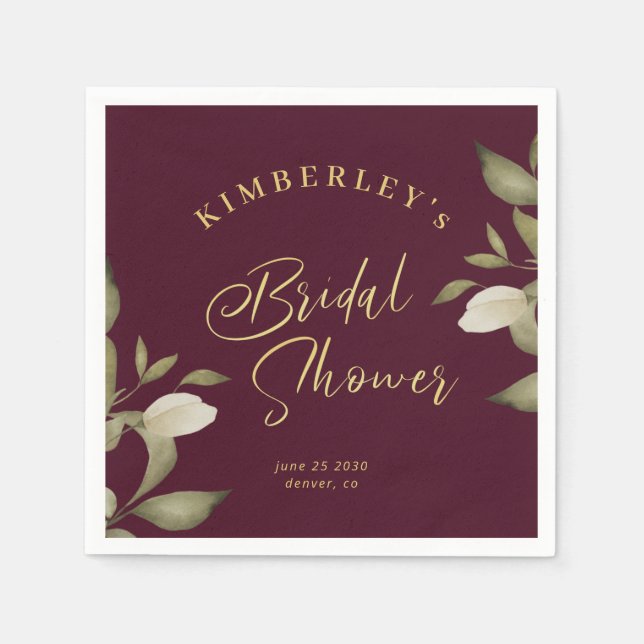 Bridal shower elegant gold burgundy floral napkin (Front)