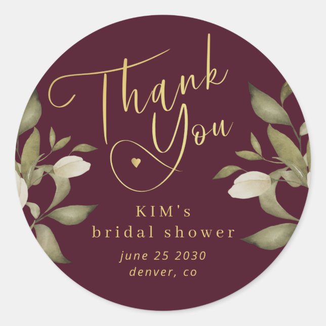 Bridal shower elegant gold burgundy thank you classic round sticker (Front)