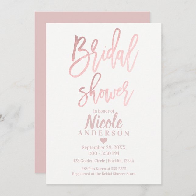 BRIDAL SHOWER Elegant Rose Gold Foil Modern Script Invitation (Front/Back)