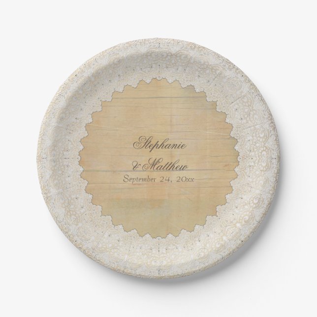 Bridal Shower Elegant Rustic Bohemian Lace n Wood Paper Plate (Front)