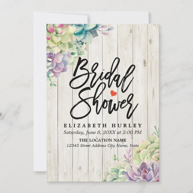 Bridal Shower Elegant Succulent Plants Rustic Wood Invitation (Front)